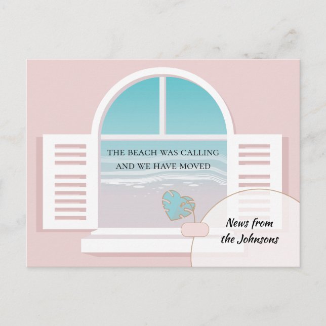 Strandvy från det nya hemmet Ny adress Meddelande Vykort (Framsida)