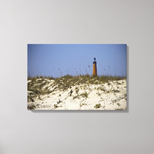 Strandvy över Ponce Inlet Lighthouse inslaget Canv Canvastryck (Framsida)