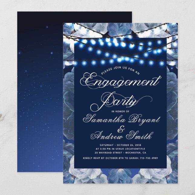 Sträng ljus Blue Elegant Förlovning Inbjudningar (Fram/baksida)