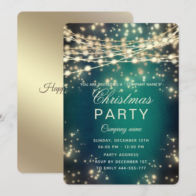 sträng ljus guld, bolagsjullen party grönt inbjudningar (Fram/baksida)