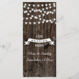 Sträng ljus på det gamla menykortet bröllop i trä meny