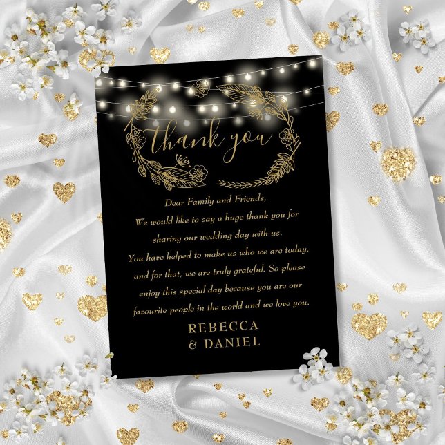 Sträng Ljus Tack Black och Guld Bröllop Placeringskort (String Lights Thank You Black And Gold Wedding Place Card)