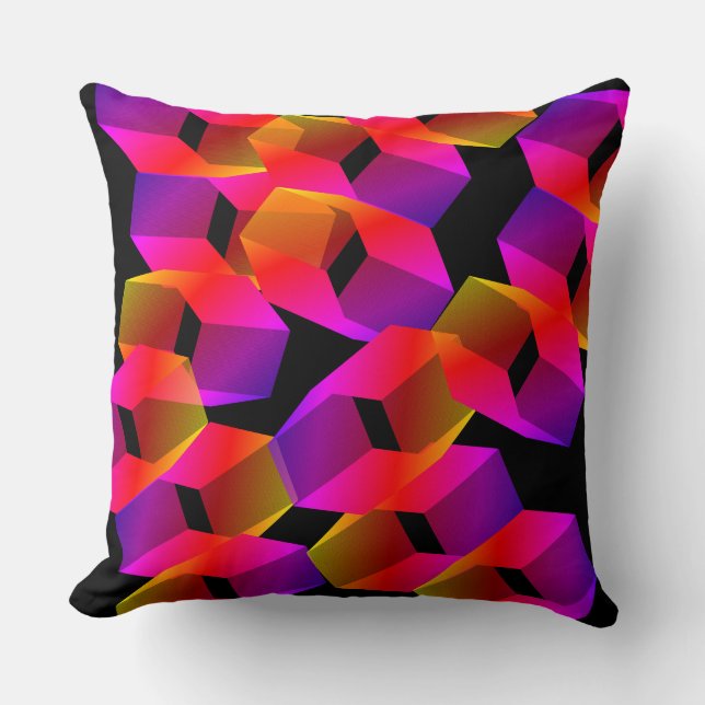 Stränga röda rosa-hexagoner vid svart bakgrund kudde (Framsida)