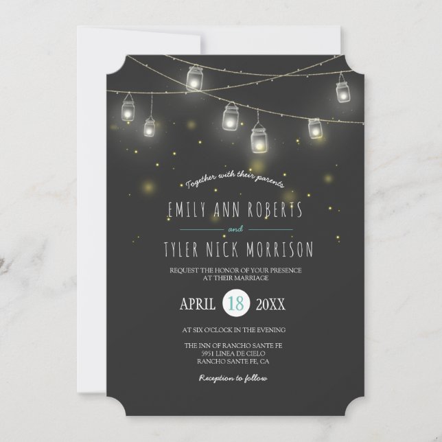 Strängar av Glowing Mason Burk Fireflies Bröllop Inbjudningar (Framsida)