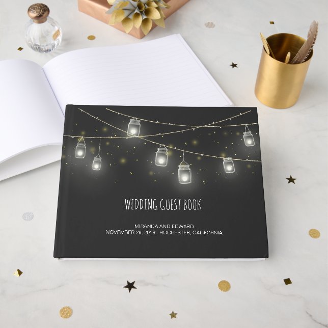 Strängar i Mason Burk Fireflies Personligt bröllp Gästböcker (Framsida Öppen)