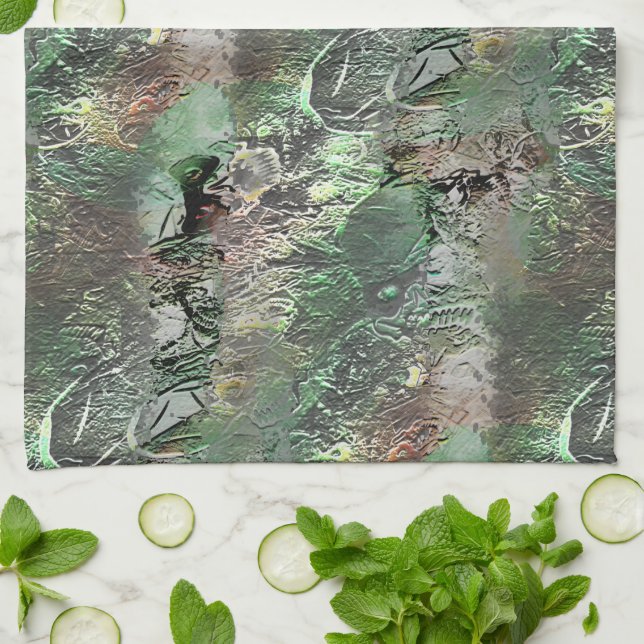 Strange struktur i grått grönt med abstrakt skalle kökshandduk (Vikta)