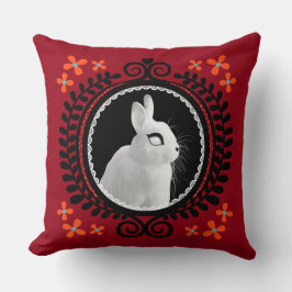 Strange White Bunny: Red, Black, Teal, & Orange Kudde