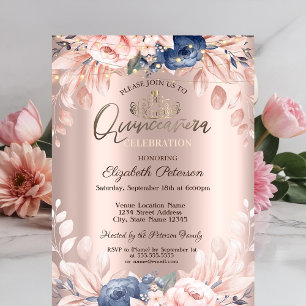 Strängljus Blå Blommor Roséguld Quinceañera Inbjudningar