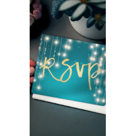 Strängljus Blå Guld Script Bröllop RSVP Svar Inbjudan Vykort
