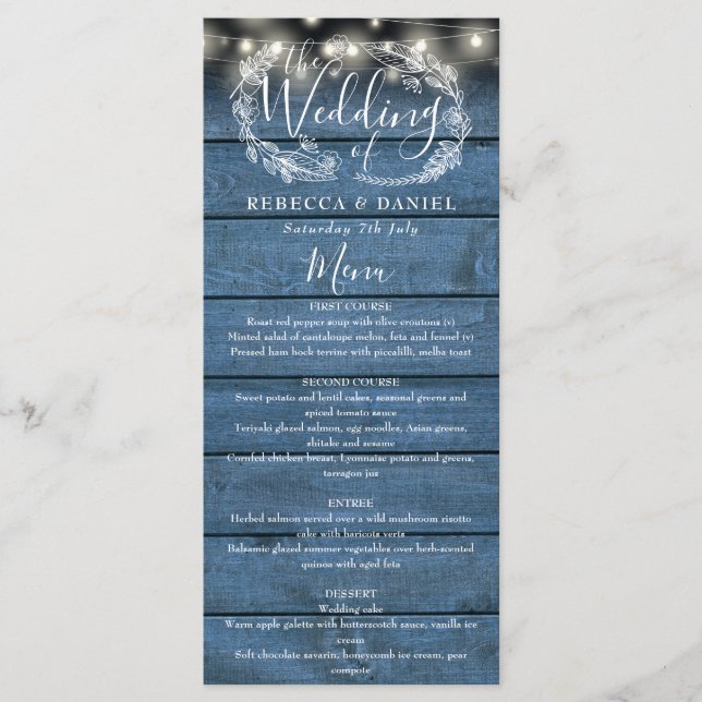 Strängljus Blå Rustik Trä Blommig Bröllop Meny (Framsida)