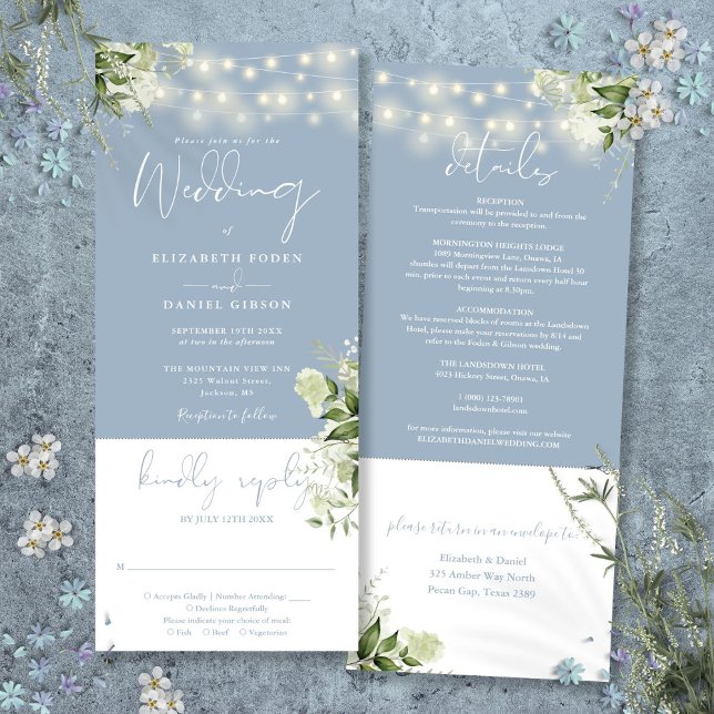 Strängljus Blommig Dammig Blå Allt-i-ett Bröllop Inbjudningar (String Lights Floral Dusty Blue All In One Wedding Invitation)