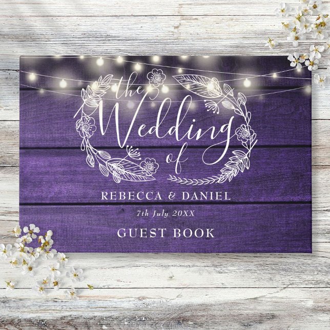 Strängljus Blommig Rustik Lila Trä Bröllop Gästböcker (String Lights Floral Rustic Purple Wood Wedding Guest Book)