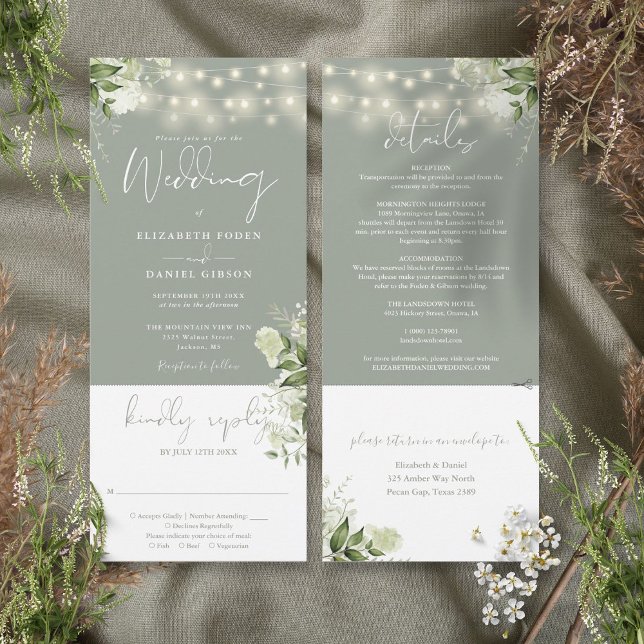 Strängljus Blommig Salvia Grön Allt-i-ett Bröllop Inbjudningar (String Lights Floral Sage Green All In One Wedding Invitation)