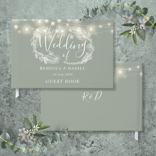Strängljus Blommig Salvia Grön Bröllop Gästböcker (String Lights Floral Sage Green Wedding Guest Book)