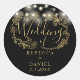 Strängljus Blommor Svart Och Guld Bröllop Runt Klistermärke