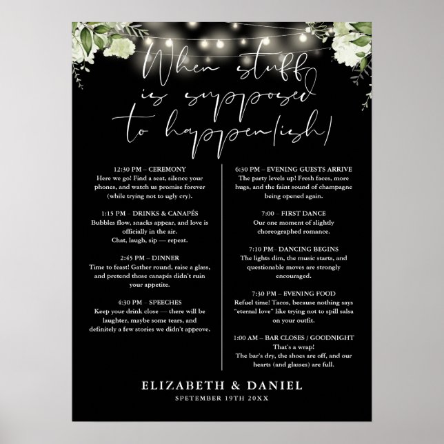 Strängljus Blommor Svart Vitt Bröllopsschema Poster (Framsidan)