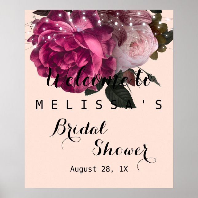 Strängljus Burgunderfärgade blommor bröllopsfest Poster (Framsidan)