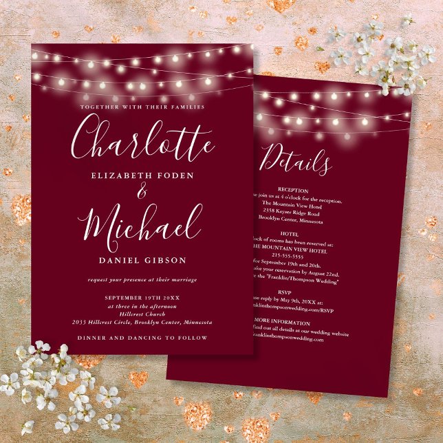Strängljus Burgundy Allt-i-ett Enkel Bröllop Inbjudningar (String Lights Burgundy All In One Simple Wedding Invitation)