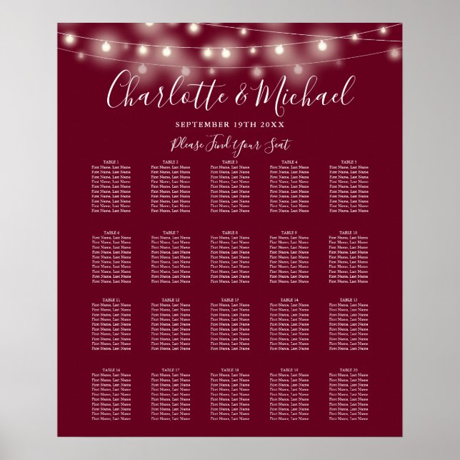 Strängljus Burgundy Bröllopsplatskarta Poster (Framsidan)