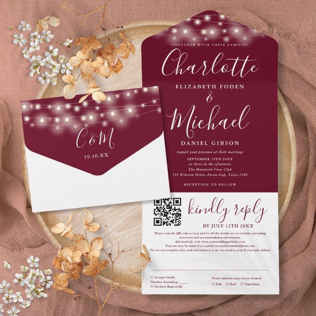 Strängljus Burgundy Script QR-kod Bröllop (String Lights Burgundy Script QR Code Wedding All In One Invitation)