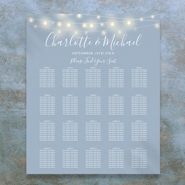 Strängljus Damblå Bröllopsplatskarta Poster (String Lights Dusty Blue Wedding Seating Chart)