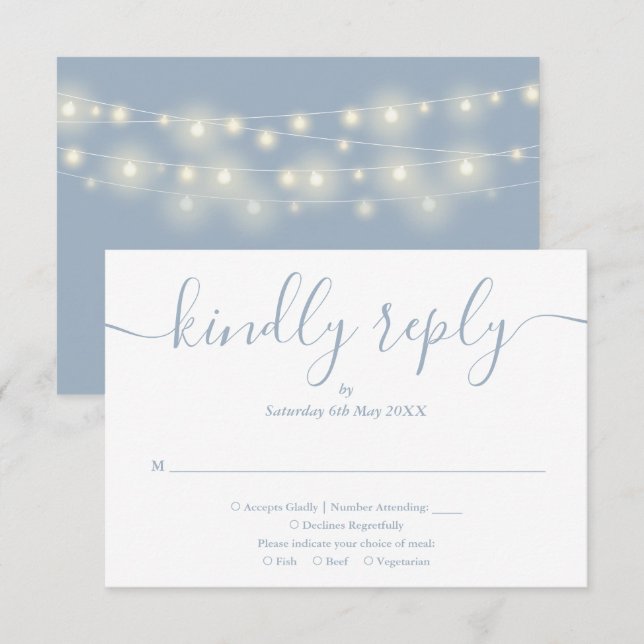 Strängljus Dammblå Skript Måltidsval OSA Kort (Fram/baksida)