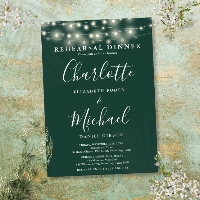Strängljus Emerald Script Övningsmiddag Inbjudningar (String Lights Emerald Script Rehearsal Dinner Invitation)