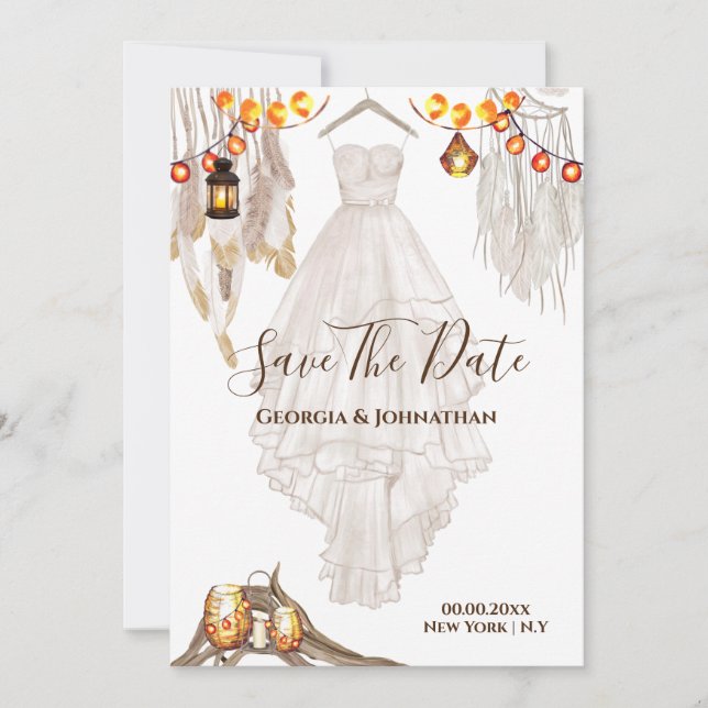 Strängljus fjäder boho makramé lykta bröllop spara datumet (Framsida)