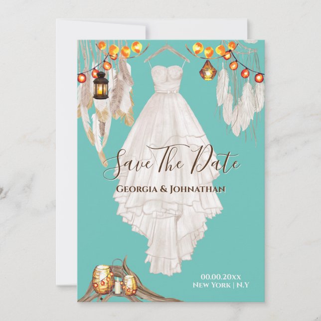 Strängljus fjäder boho makramékjol turkos blå spara datumet (Framsida)