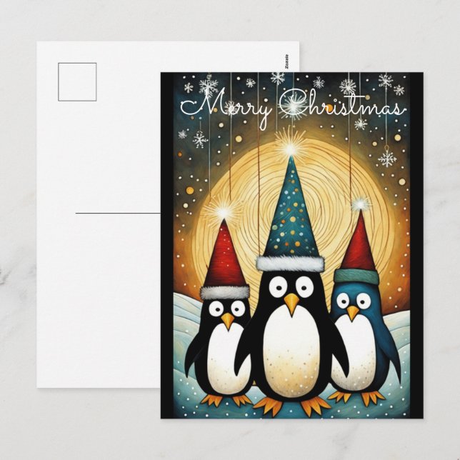 Strängljus, full måne Santa Penguin jul Helg Vykort (Fram/baksida)