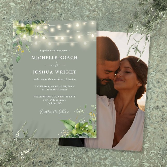 Strängljus Grönska Foto Sälggrön Bröllop Inbjudningar (String Lights Greenery Photo Sage Green Wedding Invitation)