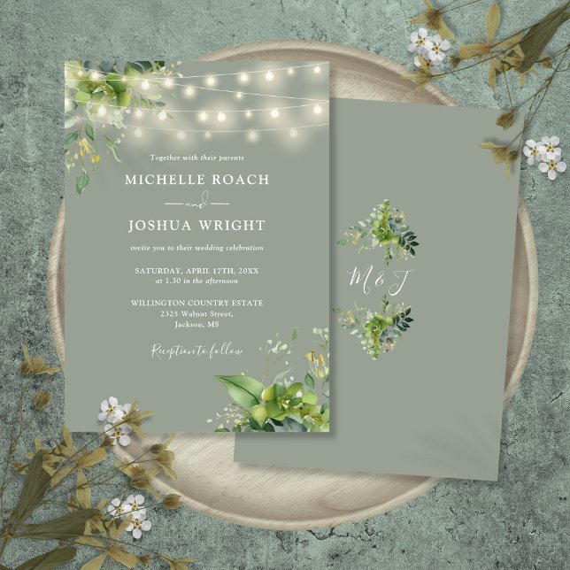 Strängljus Grönska Monogram Salvia Grön Bröllop Inbjudningar (String Lights Greenery Monogram Sage Green Wedding Invitation)