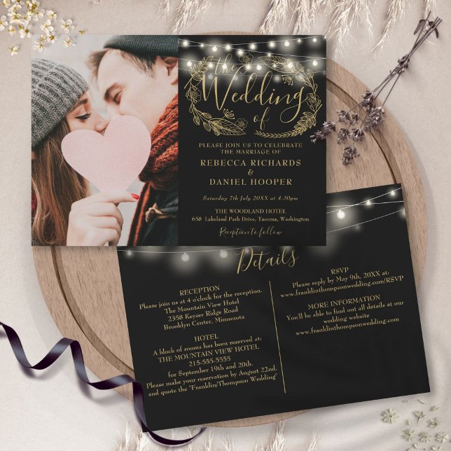 Strängljus Guld Löv Bröllopsdetaljer  Inbjudningar (String Lights Gold Foliage Photo Wedding Details Invitation)