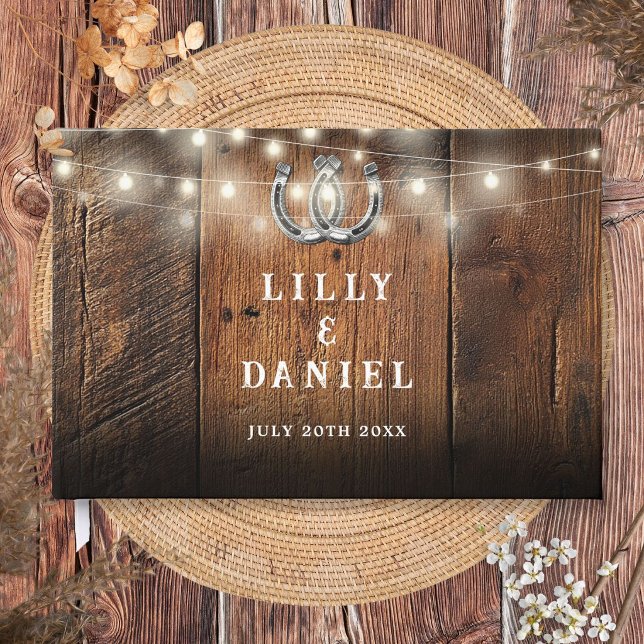 Strängljus Hästsko Rustik Lada Trä Bröllop Gästböcker (String Lights Horseshoes Rustic Barn Wood Wedding Guest Book)