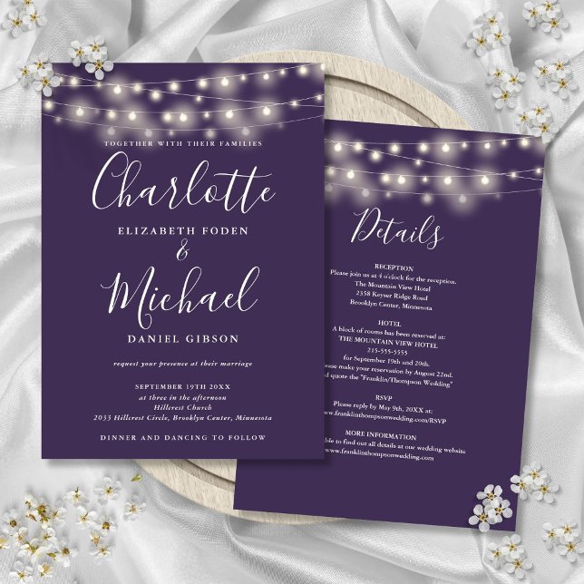 Strängljus Lila Enkel Bröllopsinbjudan Inbjudningar (String Lights Purple All In One Simple Wedding Invitation)