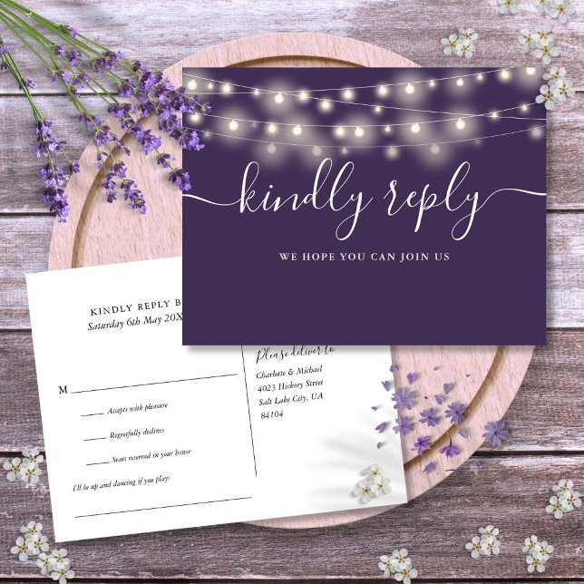 Strängljus Lila Sångförfrågan RSVP Inbjudan Vykort (String Lights Purple Song Request RSVP Invitation Postcard)