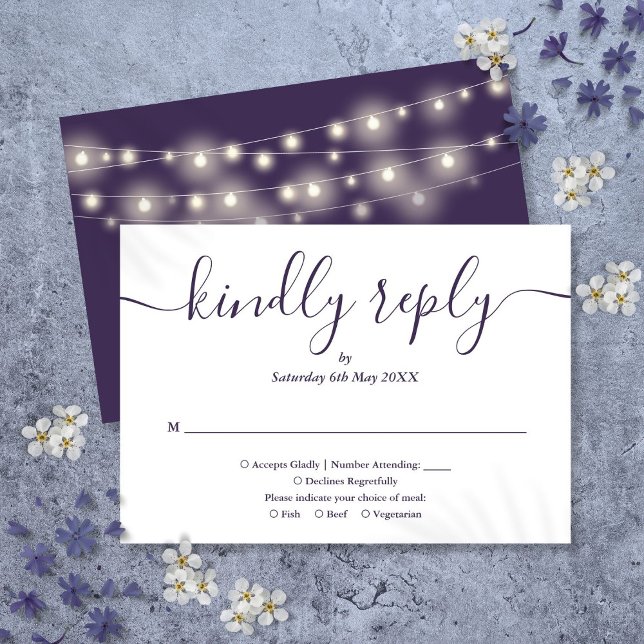 Strängljus Lila Skript Måltidsval OSA Kort (String Lights Purple Script Meal Choice RSVP Card)