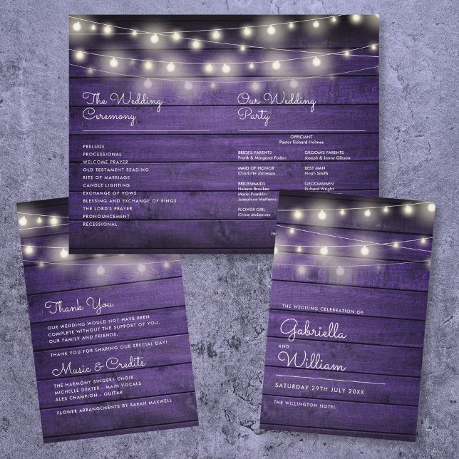Strängljus Lila Trä Bröllopsprogram (String Lights Purple Wood Wedding Program)