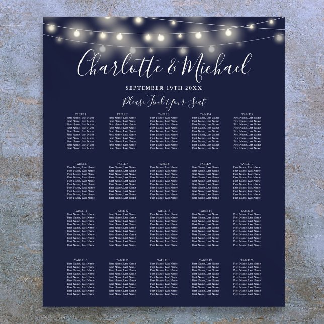 Strängljus Marinblå Bröllopsplatskarta Poster (String Lights Navy Blue Wedding Seating Chart)