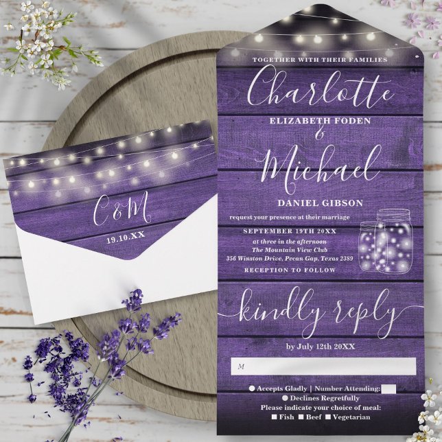 Strängljus Murade Krukor Rustik Lila Trä Bröllop (String Light Mason Jars Rustic Purple Wood Wedding All In One Invitation)