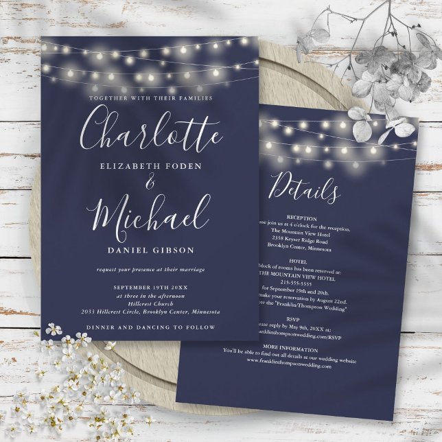 Strängljus Navyblå Enkel Allt-i-ett Bröllop Inbjudningar (String Lights Navy Blue All In One Simple Wedding Invitation)
