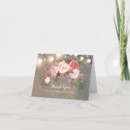 Strängljus och rosa blommor Rustik Tack Kort