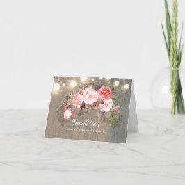 Strängljus och rosa blommor Rustik Tack Kort