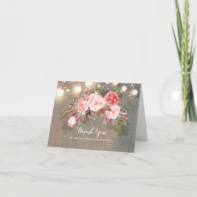 Strängljus och rosa blommor Rustik Tack Kort (Framsida)