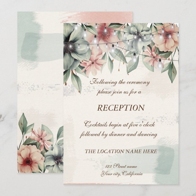 Strängljus, Penseldrag, Flora Bröllopsmottagning Inbjudningar (Fram/baksida)