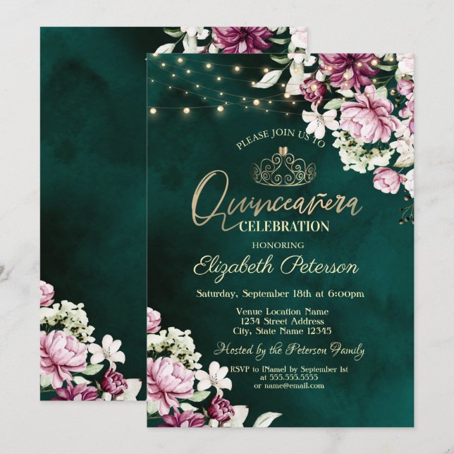 Strängljus Rosa Blommor Grön Quinceañera Inbjudningar (Fram/baksida)