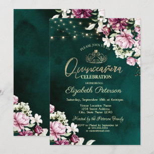Strängljus Rosa Blommor Grön Quinceañera Inbjudningar