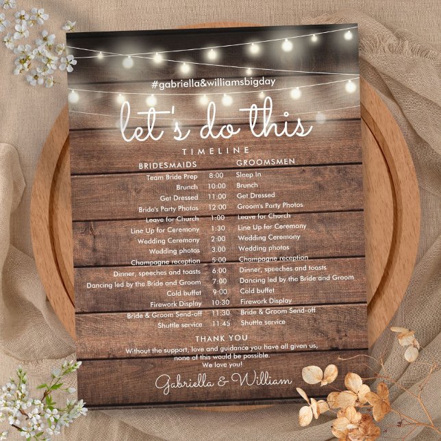 Strängljus Rustik Bröllopsschema Tidslinje (String Lights Rustic Wedding Schedule Timeline)