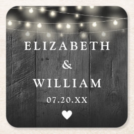 Strängljus Rustik Svart Trä Boho Ladalager Bryllop Underlägg Papper Kvadrat