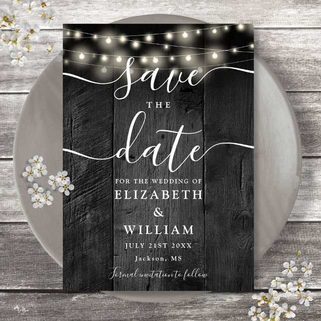 Strängljus Rustik Svart Trä Lada Boho Bröllop  Spara Datumet (Skapare uppladdad)